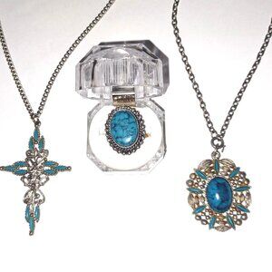 Faux Turquoise and Silver Tone Vintage Lot of Two Necklaces and One Ring 1970s